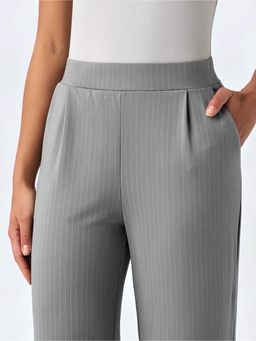 High Waisted Stripes Work Wide Leg Pants with Pockets small regular
